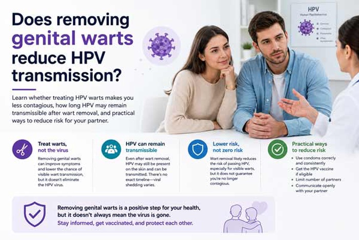 genital wart removal HPV transmission, does removing genital warts reduce transmission risk, removing warts reduce HPV spread, HPV transmission after wart removal, can you spread HPV after genital wart removal, does treating HPV warts make you less contagious, can you still spread HPV after wart removal, 