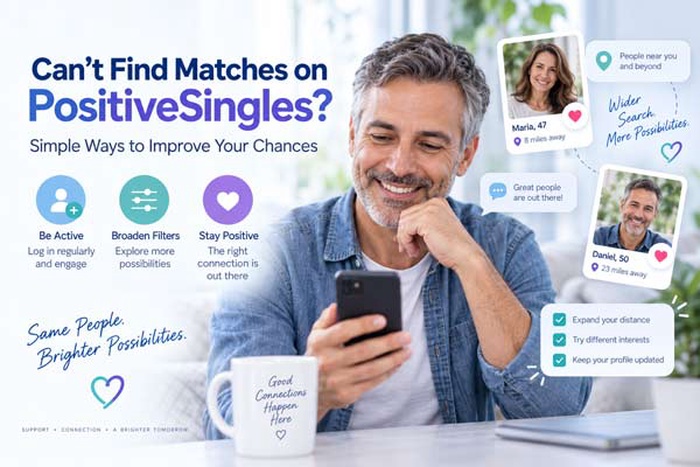 can't find matches on Positive Singles app, not getting matches on PositiveSingles app, can't find local matches on Positive Singles app, positive singles app dating advice