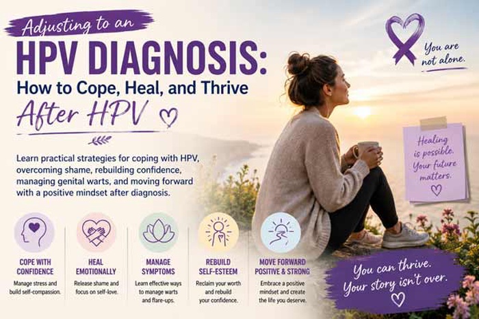 learning to live with HPV, accepting HPV, coping with HPV, adjusting to HPV diagnosis, learning to accept HPV diagnosis, coping with HPV after diagnosis, how to move forward after HPV, thriving with HPV, positive mindset after HPV diagnosis, living confidently with HPV, genital warts emotional support, HPV acceptance guide