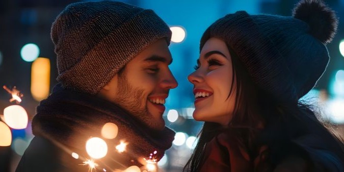 Romantic Winter Evening Photo Couple Sparkler Celebration Love