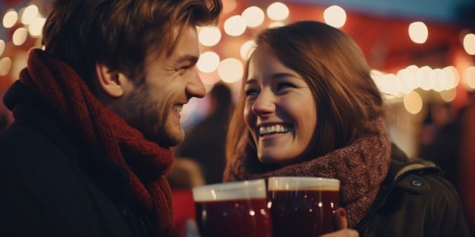 A picture of a man and a woman holding beer glasses