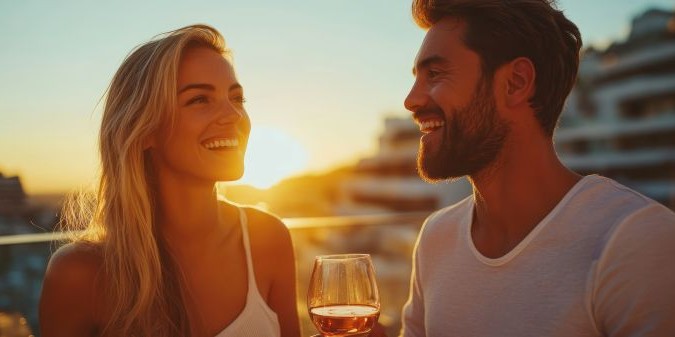 Romantic couple enjoying a sunset drink