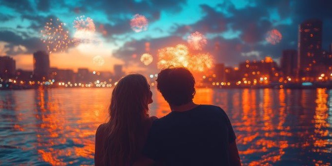 A couple enjoying a sunset view