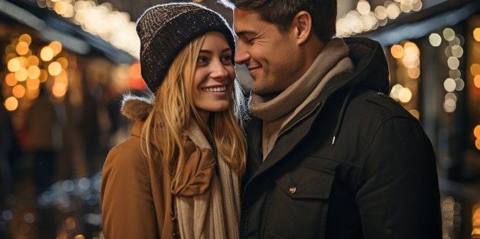 A romantic pair strolling through the city in their winter attire