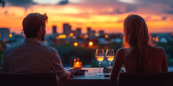 Couple enjoying a romantic sunset dinner