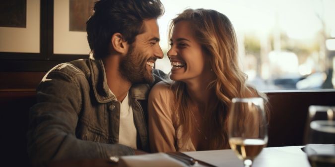 A beautiful couple in love spends time together in a restaurant
