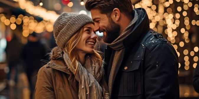 A romantic pair strolling through the city in their winter attire