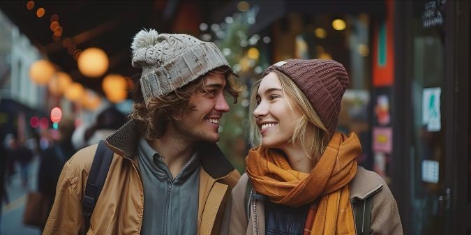 Young couple smiling at each other lovingly in the city during winter