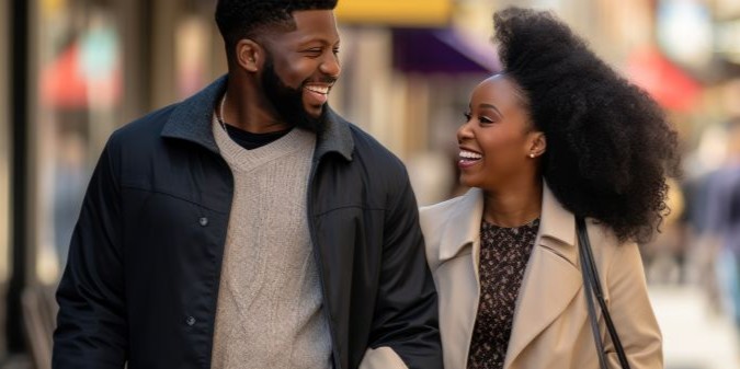 Young couple is walking down the street with bags while shopping at the mall