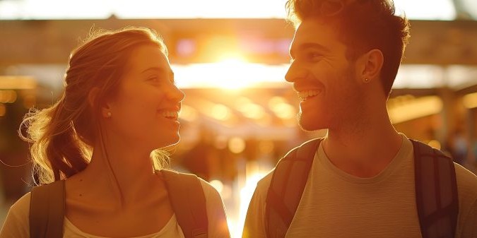 A caucasian male and female couple carrying backpacks are talking in the airport terminal