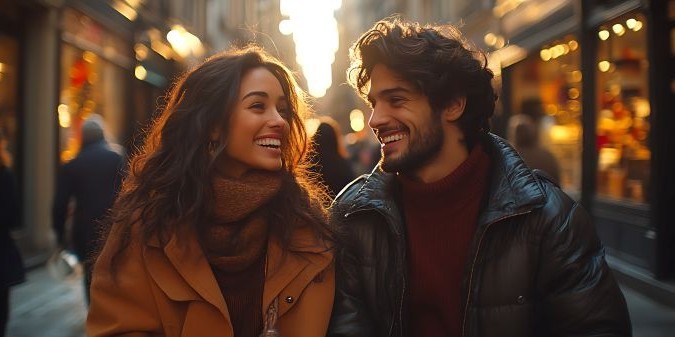 Happy couple walking on a sunny city street