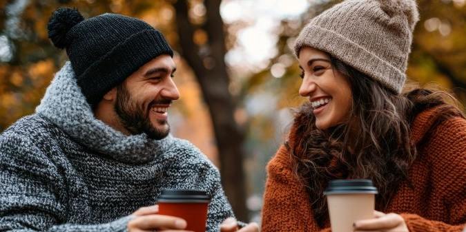 Smiling couple enjoying hot beverages on a fall day in the park