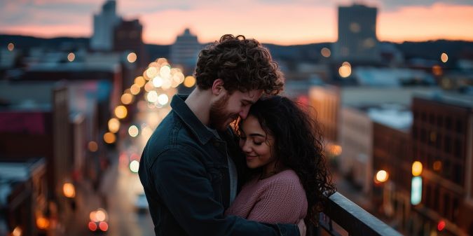 Couple embracing on rooftop