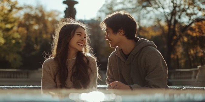 Young couple sharing a joyful moment in a park setting