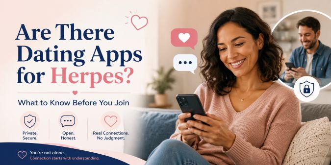 A supportive featured image showing people using dating apps with privacy and connection symbols for a herpes dating app article.