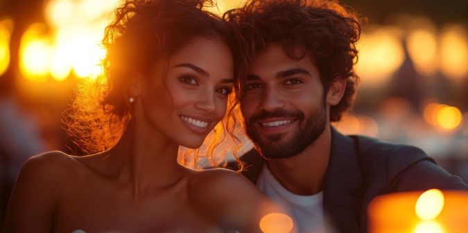 A couple smiles warmly at sunset