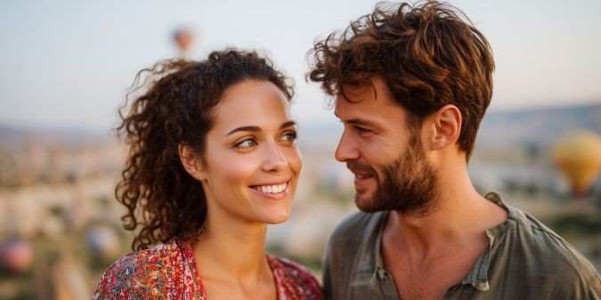 Romantic adventure couple with hot air balloon background for travel inspiration