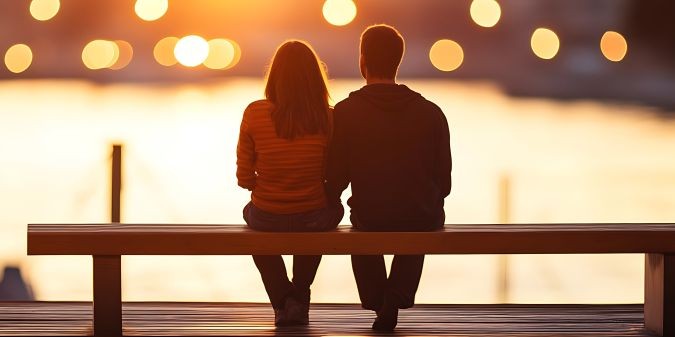 There are two people sitting on a bench looking at the sunset