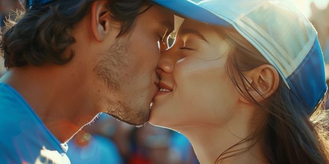 A couple kissing in front of a busy street market