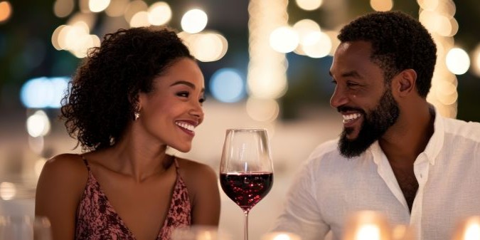 Romantic couple dinner outdoor lights