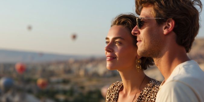 Romantic getaway happy couple admiring scenic cityscape with hot air balloons