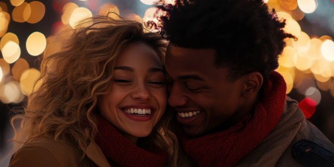 Happy couple embraces at night market festive lights romance