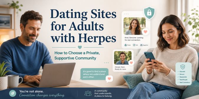 A supportive featured image showing adults using online dating sites with privacy and community elements for people with herpes.