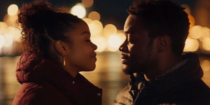 Couples romantic night city waterfront lights