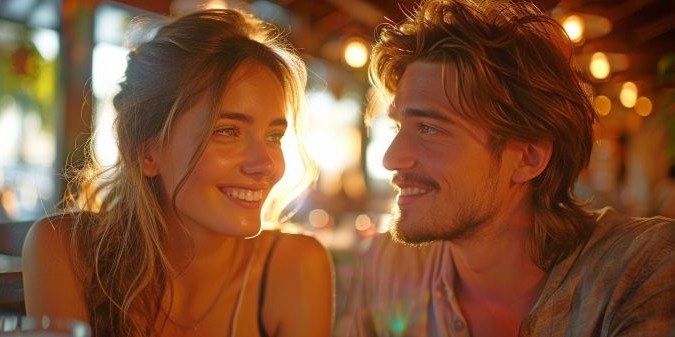 In a restaurant a contented pair sipping red wine while grinning