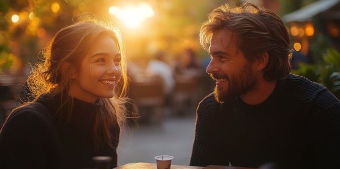 Happy couple enjoys a romantic sunset date at an outdoor cafe