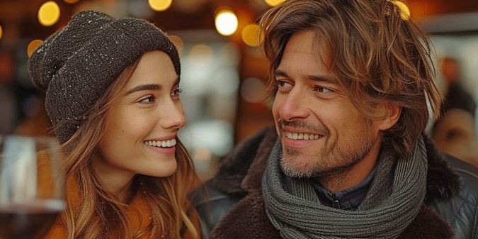 In a restaurant a contented pair sipping red wine while grinning